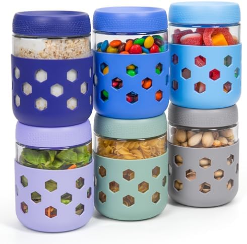 Gemice 6-Pack 16oz Glass Mason Jars with Silicone Sleeves, Airtight BPA-Free Overnight Oats Containers with Lids, Dishwasher Safe Leak-Proof Meal Prep Jars for Chia Pudding, Yogurt, Snacks