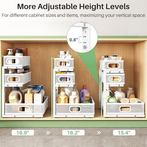 Kitstorack Under Sink Organizer, 2-Pack 3-Tier Height Adjustable Thickened Metal Pull out Cabinet Organizer Shelf, Slide out Storage Drawer Rack for Bathroom Kitchen Pantry Home Laundry Organization