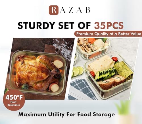 Razab 35 Pc Set Glass Food Storage Containers with Lids - Meal Prep Airtight Bento Boxes BPA-Free 100% Leak Proof (15 lids,15 glass & 5 Plastic Sauce/Dip Containers)