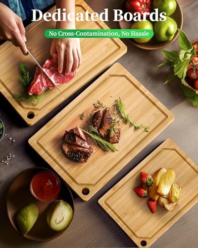 Kitsure Bamboo Cutting Board for Kitchen, Set of 3, Natural
