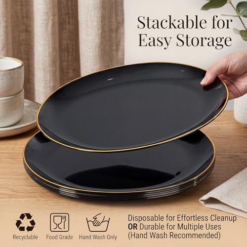 WDF 6PACK Black Oval Plastic Plates - 10"x12" Black and Gold Disposable Platters - Heavy Duty Serving Trays for Party/Birthdays/Catering/Weddings/BBQ