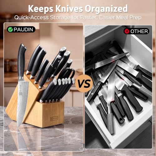 Paudin Knife Set, 17-Piece Kitchen Knife Set With Block, Built-In Sharpener