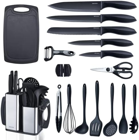 RAXCO Kitchen Utensils Set,18-Piece Cooking Utensils and Knife Set,Black