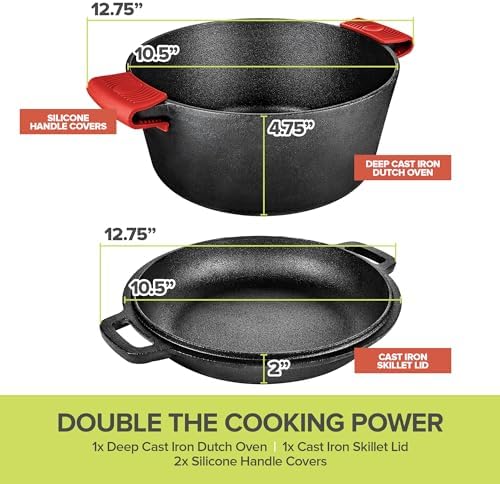 Modern Innovations 3-in-1 Dutch Oven & Skillet Combo, Preseasoned Cast Iron Cookware Set, 5QT Dutch Oven, 1.6QT Skillet with Lid, Versatile Pots and Pans for Camping & Home Cooking