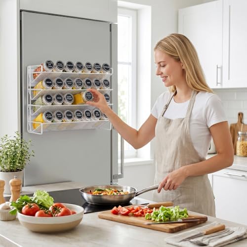 UVIAHOMI Spice Rack Organizer for Cabinet with 28 Spice Jars, 386 Spice Labels, Magnetic Spice Rack for Refrigerator, Seasoning Organizer for Countertop, Kitchen, Pantry — 13.2" W x 9.8" H, White