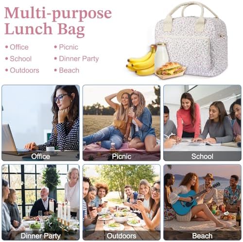 WOBAGMEN Quilted Lunch Box for Women, Insulated Lunch Bag for Adult,Cute Lunch Tote Bags for Work Picnic Travel(Pink Floral,M)