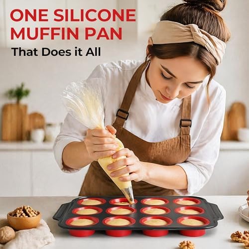 12-Cup Collapsible Silicone Muffin Pan with Metal Frame & Spatula - Space Saving Foldable Cupcake Tray - Easy Release Baking Mold for Egg Bites, Muffins & Tart - Dishwasher Safe Red