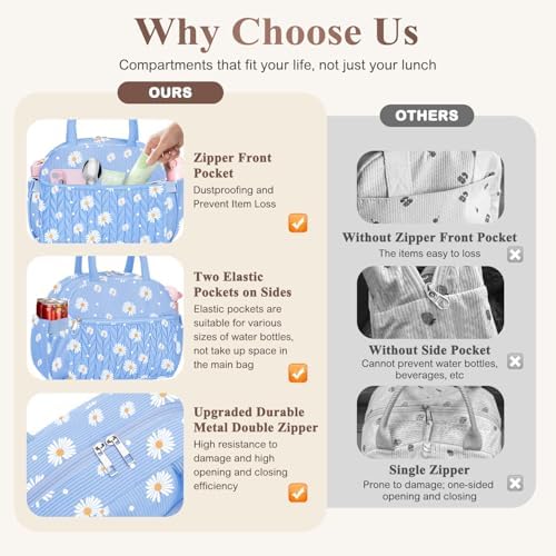 KUBYA Lunch Box for Women, Cute Corduroy Insulated Lunch Bag Women Reusable Work Leakproof Simple Adults Large Lunch Boxes Tote Bag Men Cooler Bag