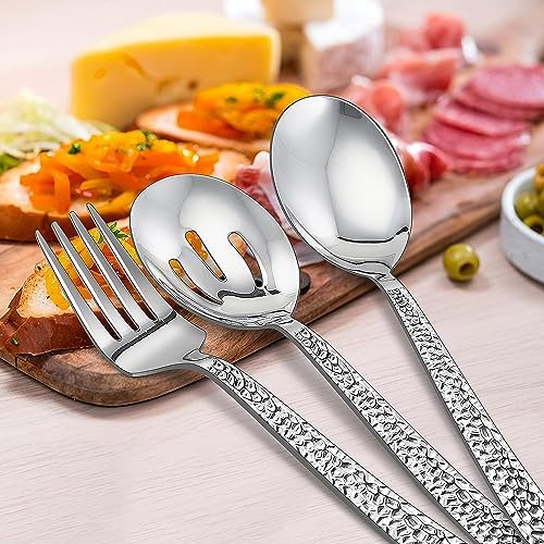 E-far Hammered Serving Spoons, 4-Piece Stainless Steel Serving Utensils Set Includes Slotted & Solid Spoons, Metal Hostess Tablespoons for Catering Buffet Party Kitchen Restaurant
