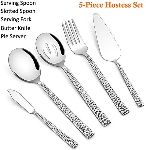 E-far Hammered Serving Utensils, 5-Piece Stainless Steel Square Hostess Serving Set for Buffet Party Kitchen Restaurant, Mirror Finished & Dishwasher Safe