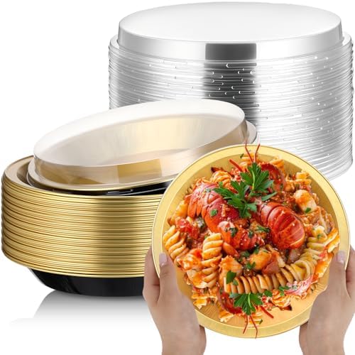 25 Pack 9 Inch Heavy Duty Aluminum Pie Tins with Lid, Black,Gold