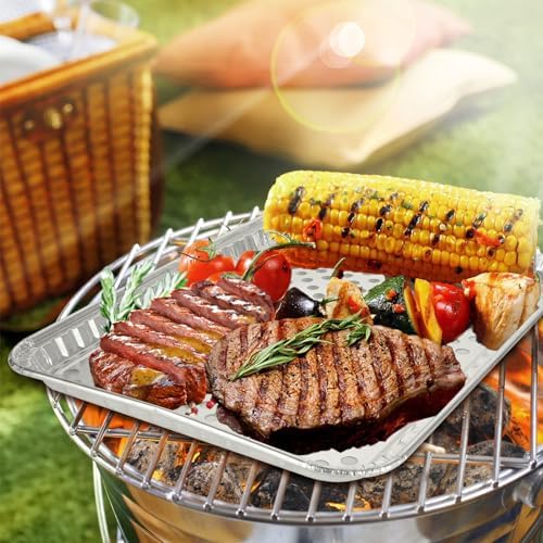 ABuff 20 Pack Disposable Aluminum Foil Grill Topper Pans with Holes, Perforated Grill Grate Liners Trays for Outdoor Grills, BBQ Grill Accessories for Outdoor Cooking and Camping, 16.2 x11.7 Inch