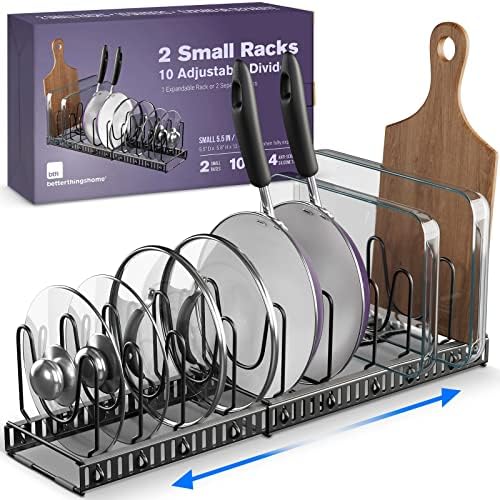 Better Things Home 5.5” Wide 12-Slot Adjustable Pot Lid Organizer with Scratch-Free Pads, Expandable Pot Lid Holder Rack for Cabinet, Small to Medium Pots and Pans Organizer Inside Cabinet