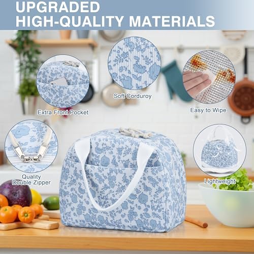 TESAFNG Lunch Bag - Insulated Lunch Box for Women, Reusable Large Capacity Cooler Bag for Adult, Small Leakproof Cute Corduroy Lunch Tote for Work Office Travel Picnic (Corduroy Blue-Flower)