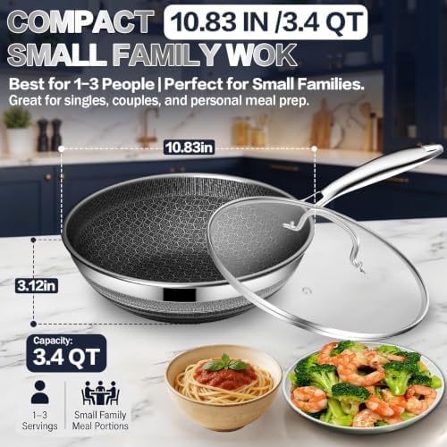 Wok Pan - 304 Stainless Steel Woks & Stir-fry Pans Nonstick - Hybrid 10.8 inch Nonstick Wok with Lid for Induction, All Stoves, PFOA-Free Cookware, Kitchen Essentials, Dishwasher and Oven Safe