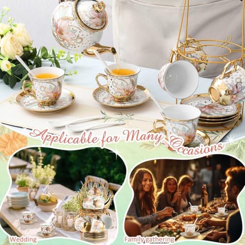 Zhehao 40 Pcs Porcelain Tea Set for Adult, with Metal Holder, Vibrant