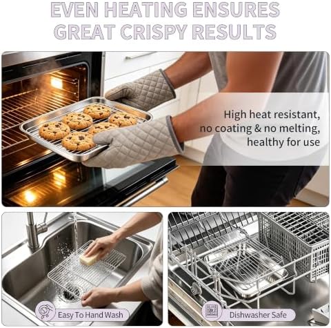 TeamFar Stainless Steel Toaster Oven Pan with Rack Set, 10.5"x 8"x 1"