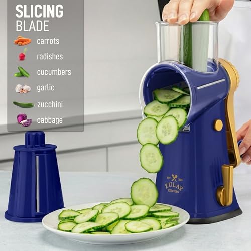 Rotary Cheese Grater Manual Hand Crank 5 Blade Shredder, Blue & Gold