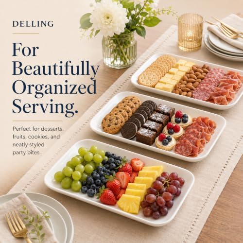 DELLING 16 Inch Large Serving Platter Set of 3, White Porcelain Platters for Serving Food - Rectangular Serving Trays for Party Entertaining, Oven Safe to 590°F, Dinnerware