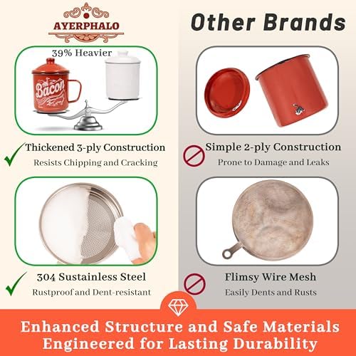 Ayerphalo 42oz Enamel Bacon Grease Container with Strainer, Farmhouse Red