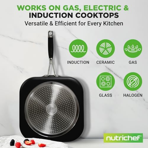 NutriChef Non-Stick Square Frying Pan, 11" Nonstick Skillet, Scratch Resistance, PFOA-Free, PFOS-Free Home Use for All Stoves