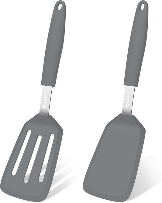2 Pack Silicone Spatula Set, 600°F Heat Resistant Kitchen Spatula, BPA Free Solid & Slotted Turner, Flexible Cooking Utensils for Non Stick Frying Pan, Flipper for Eggs and Pancakes (Gray)