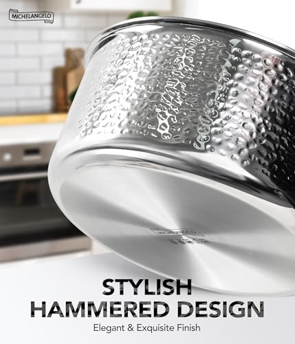 Michelangelo Triply Stainless Steel Stock Pot with Lid, Luxury Hammered Stainless Steel 6 Quart Pot with Lid & Golden Handle, Premium Induction Stockpot - 6QT