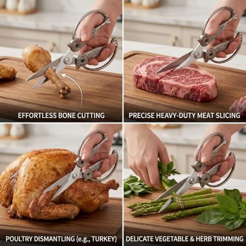 XSNBRD All Purpose Kitchen Shears, Nickel Stainless Owl Scissors.