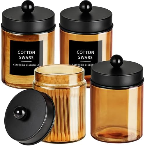 Amolliar Bronze Amber Glass Apothecary Jar, Qtip Holder Storage Black 4Pack