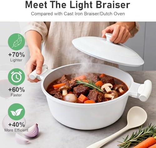 AIKENBBKK 7 Quart Lightweight Dutch Oven Pot with Lid, Ceramic Cooking Pot Nonstick, Nonstick Soup Pot for Stews Braising and Frying, Induction Pot for All Stoves, Stay-Cool Handle, PFOA Free, White