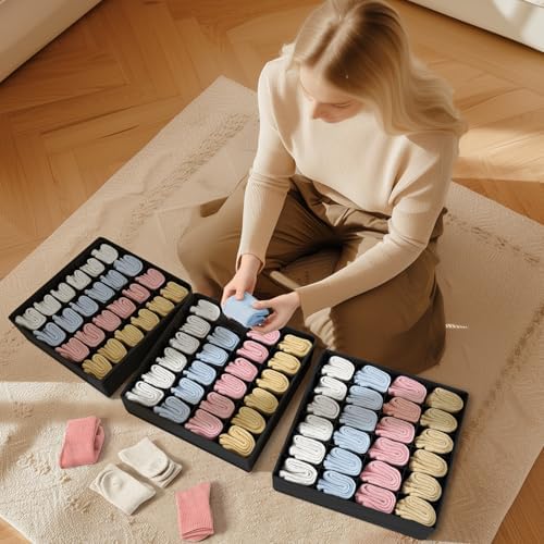 Joyoldelf Sock Drawer Organizer Divider Underwear Organizer 24-cell Fabric Dresser Drawer Organizers Storage Boxes for Socks Lingerie, Handkerchiefs, Ties 4 Pack (Black)