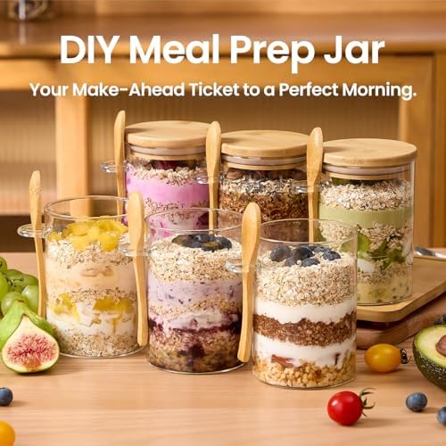 6 Pack Overnight Oats Containers with Bamboo Lids and Spoons - 22 oz Airtight Glass Jars with Lid, Meal Prep Jars for Chia Pudding, Yogurt, Salad, Cereal, Coffee, Flour | Food Storage Canister