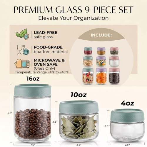 Airtight Glass Food Storage Containers with Screw Lids, Wide Mouth Overnight Oats Jars, Meal Prep Containers for Salad Dressing, Condiment, Spice, Baby Food Snacks (Mix-9Pack)