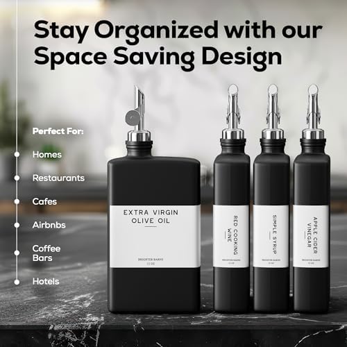Black Glass Olive Oil Dispenser Bottle for Kitchen by Brighter Barns - Soy Sauce Dispenser, Coffee Syrup Bottle - Kitchen Decor for Restaurant, Airbnb, Coffee Bar Accessories (Black/Silver, Set of 2)