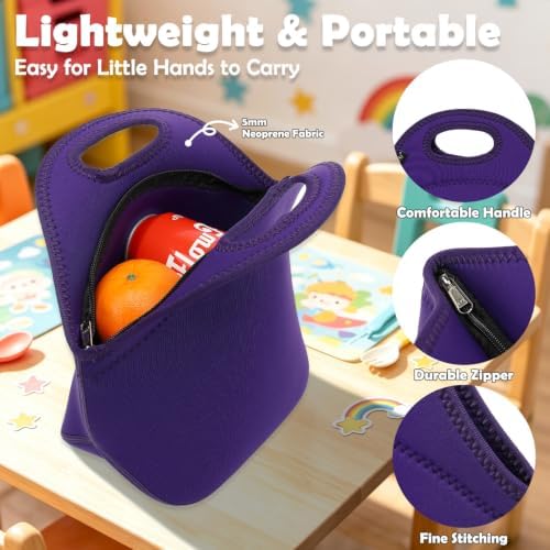 FlowFly Neoprene Kids Lunch box Insulated Soft Bag Mini Cooler Thermal Meal Tote Kit for Boys, Girls,Men,Women,School,Work, Office, Purple