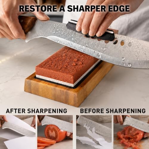 10-Piece Knife Sharpening Stone Set, Professional Whetstone 4 Side 400/1000 3000/8000 Grit, Whetstone Knife Sharpener Stone Kit, Non-slip Base, Leather Strop, Nagura Stone and Angle Guide