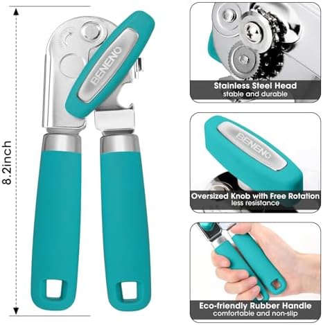 Beneno Heavy Duty Hand Can Opener Manual with Magnet Lid Remover, Turquoise