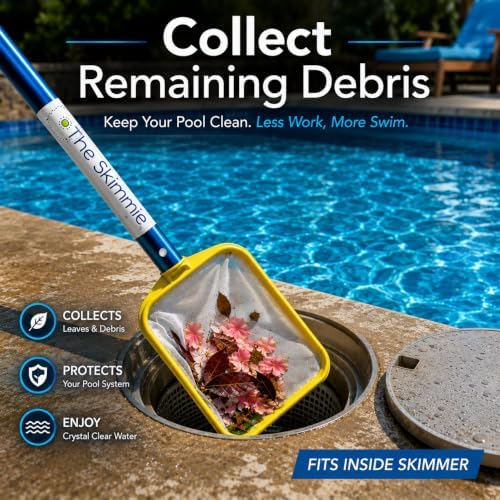The Skimmie (Long Version) Pool Skimmer Net & Pole 53" with Stainless Steel Hook, Two Skimmer Basket Handles, Fine Mesh Net & Skimmie Dip - Hands-Free Removal of Debris, Bugs, Frogs, Small, Animals