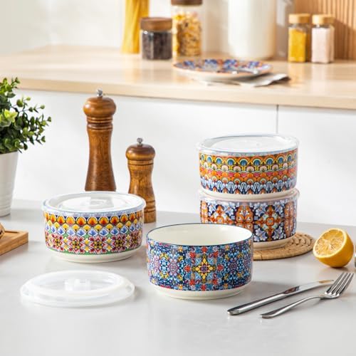 vancasso SIMI 36 oz Ceramic Bowls with Lids Set of 4,Bohemian Serving Bowl