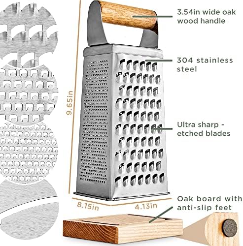 WALDWERK Premium Grater with Etched Stainless Steel Blades - Grater for Kitchen with Oak Wood Base - Box Grater with 4 Sides for Parmesan Cheese, Vegetables, Carrots, or Potatoes - Cheese Grater