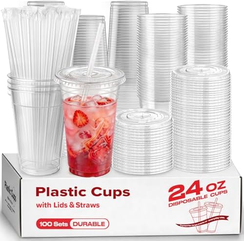 100 Pack 24 oz Plastic Cups with Lids and Straws, Clear Disposable Plastic Cups, Heavy Duty Iced Coffee Cups with Leak-Resistant Lids, Cold Drink Cups for Smoothies, Juice, Soda & Party To Go