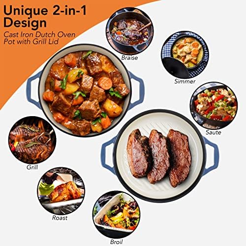 2-in-1 Enameled Cast Iron Braiser Pan with Grill Lid - 3.3-Quart Small Dutch Oven, Serves as Both Casserole & Stovetop Grill Pan, Cast Iron Cookware