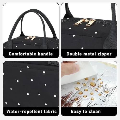 CAMTOP Lunch Box for Women Insulated Lunch Bag Lunchbox Cooler Thermal Leakproof Quilted Reusable Lunch Tote Bag for Work School Travel Picnic (Black White Dots)