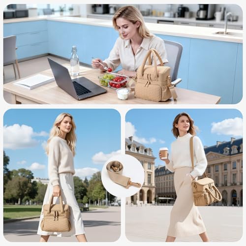 Double Deck Lunch Bag for Women, Camel-M