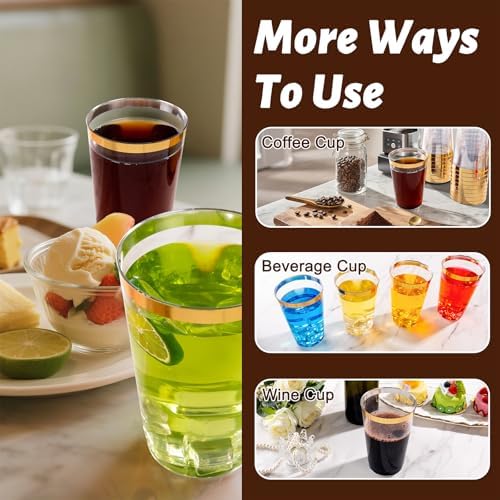 I00000 100 Pack 24 oz Gold Plastic Cups, Elegant Gold Rimmed Plastic Cups, Disposable Cocktail Glasses Wine Glasses, 24 oz Premium Tumblers Perfect for Birthday, Party & Wedding