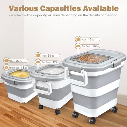Komzon Rice Storage Container 10-40 lb, 25 lb Pet Dog Food Storage Container, Collapsible Airtight Rice Container,Rice Dispenser Bin with Cup and Scoop for Flour Cereal Pasta Grain, Cat Bird Food