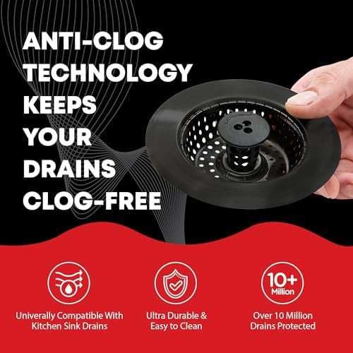 Kitchen SinkShroom Clog-Free Kitchen Sink Drain Strainer with Stopper - Sink Protector for Kitchen Sink, Stainless Steel, Matte Black