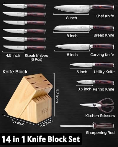 PAUDIN Kitchen Knife Set with Block, 14 Pieces Knife Sets for Kitchen with Block, High Carbon German Stainless Steel Sharp Chef Knife Set with Ergonomic Pakkawood Handle