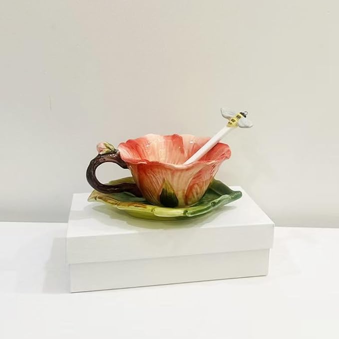 Ceramic Pansy Coffee Cup and Saucer Set with Spoon，6OZ 3D Hand-Painted Flower Tea Mug，Gift for Women (Red)