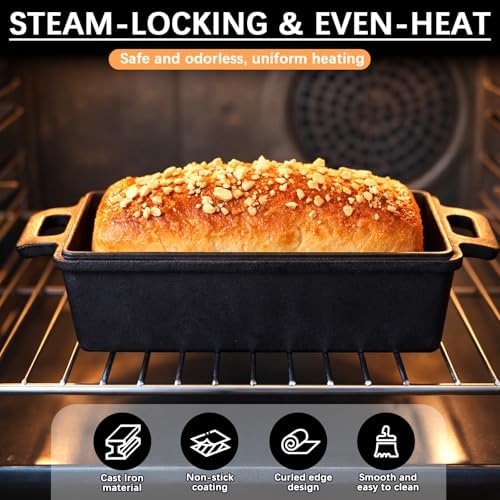 9×5 in Cast Iron Loaf Pans with Lids Even Heat Distribution for Baking Bread, Non-Stick Bread Pans for Homemade Sandwich and Sourdough Bread